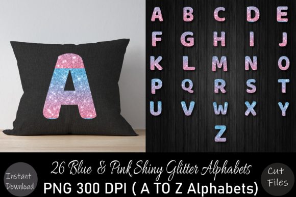 Blue Pink Glitter a to Z Alphabets Set for Graphics and Crafts