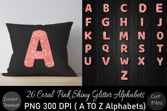 Coral Pink Glitter a to Z Alphabets Set for Graphics and Crafts