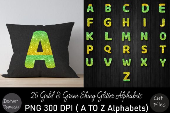 Gold Green Glitter a to Z Alphabets Set Graphics for Crafts