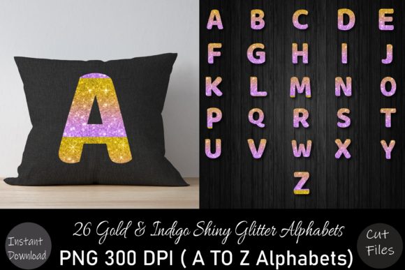 Gold Indigo Glitter Alphabets Set for Graphics and Crafts